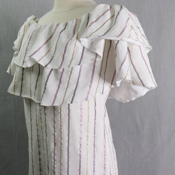 Charles Henry Off Shoulder Dress M White & Metallic Stripe Ruffle Popover Summer - Picture 4 of 16